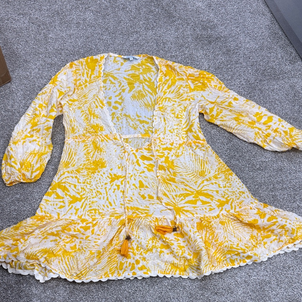 Yellow & White Tie-Front woman’s beach coverup Dress with Tassels